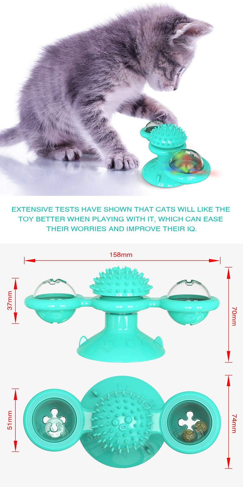 HETIAL Windmill Cat Toy, Cat Scratching Tickle Hair Brush Interactive Teasing Cat toy with Catnip and LED Ball, Blue - PawsPlanet Australia