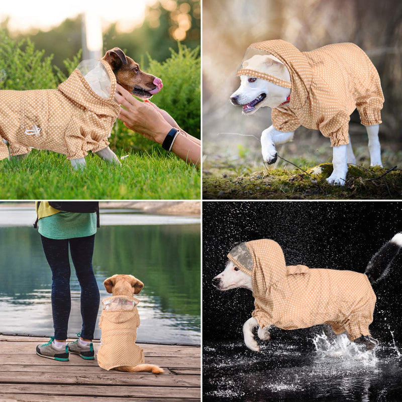 Idepet Dog Raincoat With Hood, Pet Dog Waterproof Coat Adjustable Lightweight Outdoor Rain Poncho Rain Gear Jumpsuit With Harness Hole (S, Apricot) S - PawsPlanet Australia