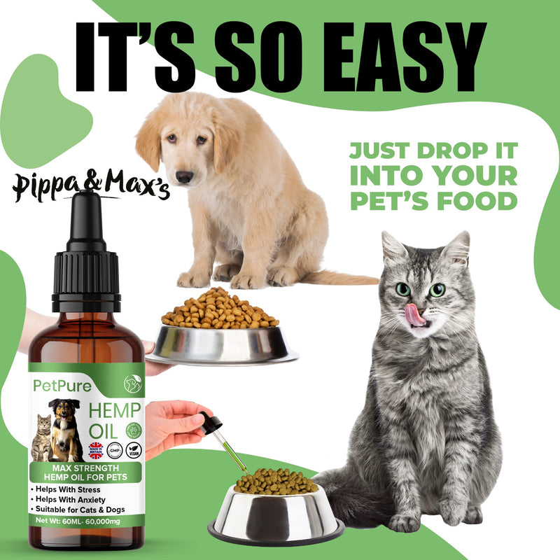 Pippa & Max Hemp Oil for Dogs and Cats & Pets - 60,000MG 60ml  Hemp Extract Made in the UK - May Help Stiff Joints & Bones, Reduce Stress and Anxiety - PawsPlanet Australia