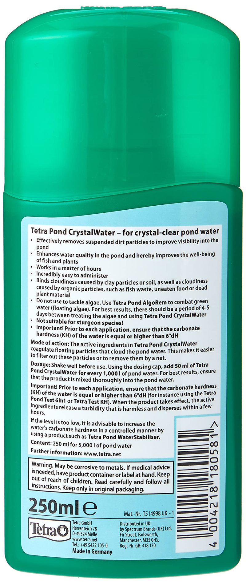 Tetra Pond Crystal Water, Effectively Clears Dirty Pond Water, 250 ml 250 ml (Pack of 1) - PawsPlanet Australia