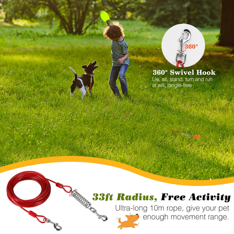 VavoPaw Dog Tie Out Cable and Stake, 360° Swivel Dog Tie Out Stake Spiral Ground Anchor, 33FT Dog Chains Stake for Dogs Outside, Outdoor, Camping, Park, Yard Garden, Red+Orange - PawsPlanet Australia