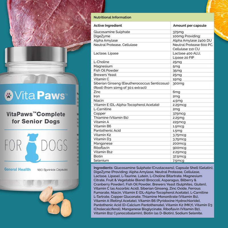 Multivitamins for Senior Dogs | VitaPaws Complete | Includes Glucosamine, Ginseng & L-Carnitine | 180 Sprinkle Capsules Ideal for Fussy Pets | UK Manufactured - PawsPlanet Australia