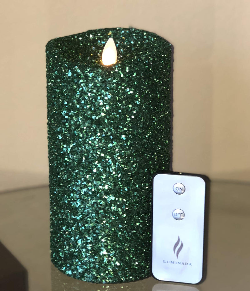 Luminara Vintage Green Glitter 7" Flameless Pillar Candles w/Remote 7 inches - PawsPlanet Australia