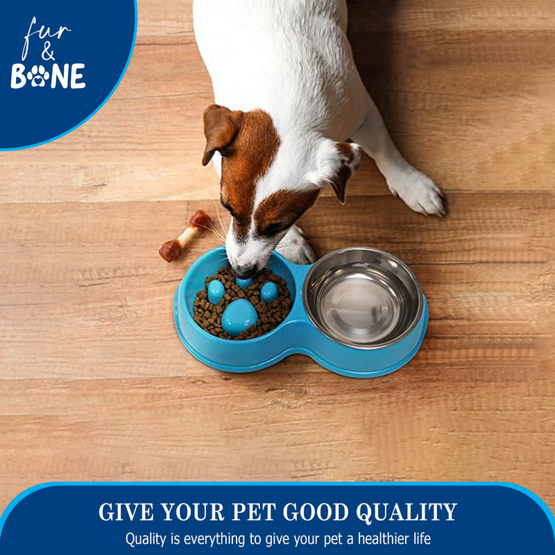 Fur & Bone Double Slow Feeder Dog Bowl for Cat Dog and Puppy - Interactive Feeder Slow Down Feed Pets Twin Feeding Bowl with Stainless Steel Detachable Dish and Non-Slip Bottom (Blue) Blue - PawsPlanet Australia