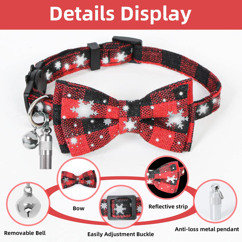 Christmas cat collar bow, 2 pieces, reflective snowflake collar, cat, dog, breakaway cat collar with bell, bow tie, safety clasp, adjustable 18-30 cm for kittens, puppies - PawsPlanet Australia