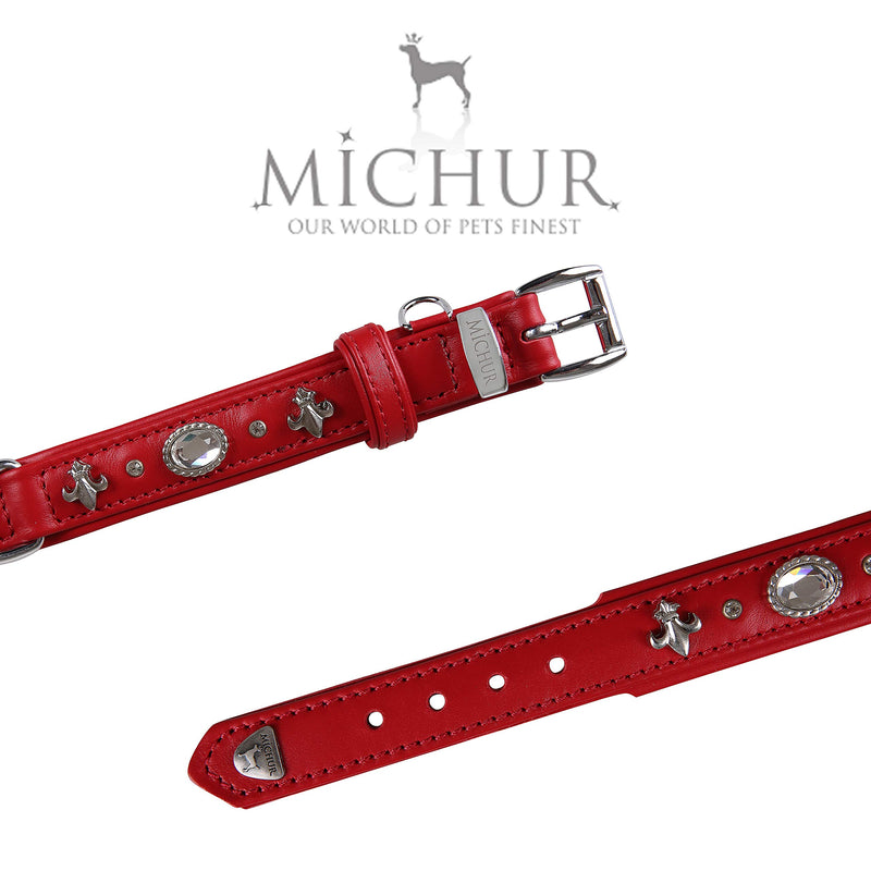 MICHUR Julieta dog collar leather, dog leather collar, collar, red, leather, with lilies, rhinestones and large crystal Neck circumference 14,17-16,14" - PawsPlanet Australia