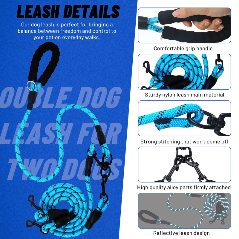 LELE LIFE Double Dog Leash for Two Dogs Heavy Duty Reflective Double Leashes for 2 Dogs 360° Rotating Double Dog Leash Tangle Free Large Dogs and Medium Dogs with Blue - PawsPlanet Australia