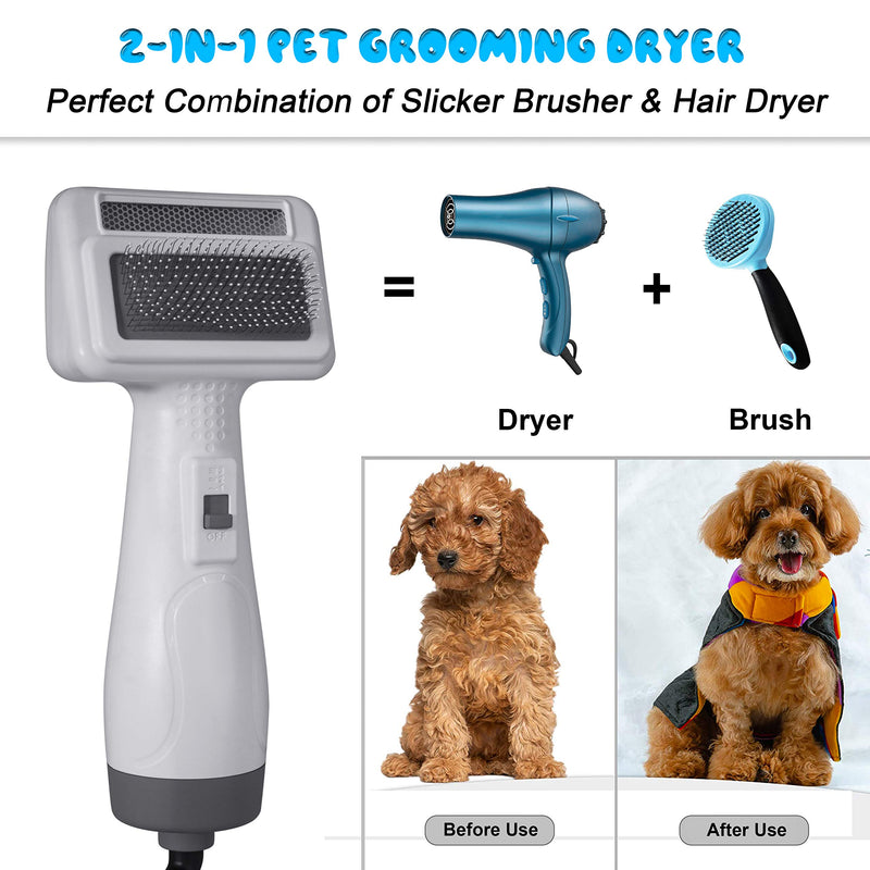 Pet Dog Hair Dryer Brush - 2021 Newest Dog Hair Grooming Dryer Blower Slicker Brush with 3 Wind and Temperature Settings, 2-in-1Function with Dryer and Brush for Small and Medium Dogs and Cats (White) - PawsPlanet Australia
