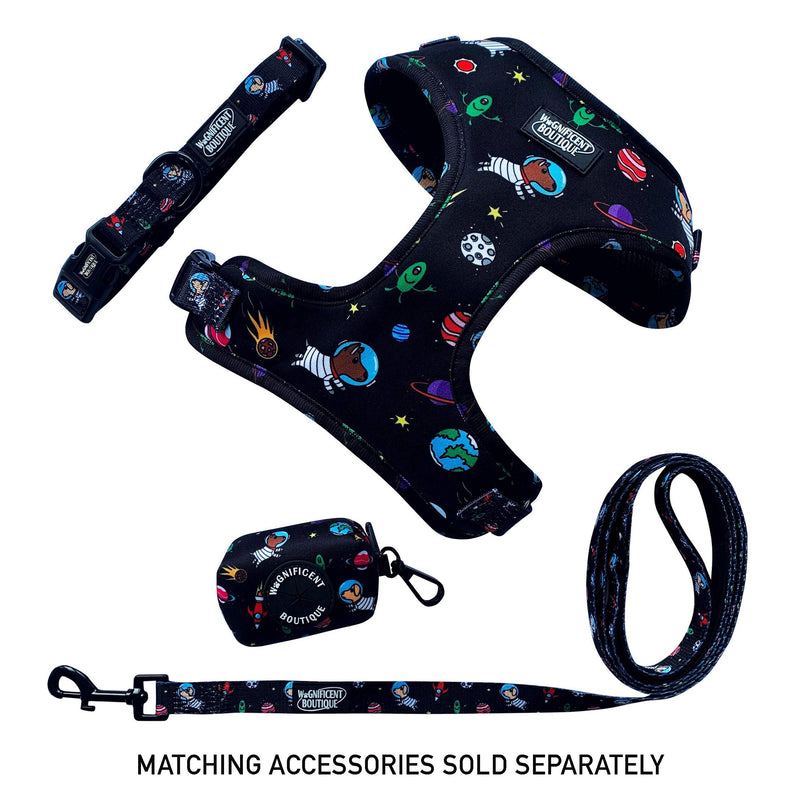 Wagnificent Boutique Adjustable Dog Harness Lightweight Comfortable Neoprene Soft Pet Vest with Durable Metal D-Ring to Attach a Leash featuring unique space pups design Medium - PawsPlanet Australia