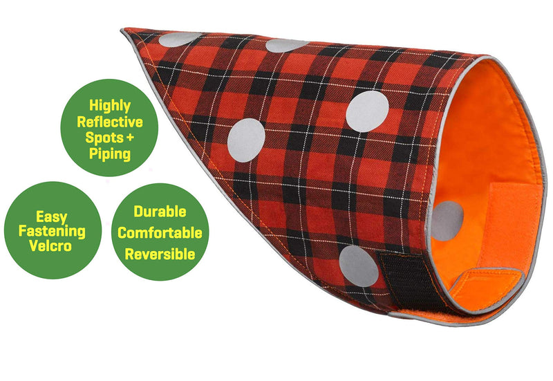 [Australia] - SPOT THE DOG! Easy Fastening Dog Bandana, High Visibility, Reflective, Sizes XXS-XL Large to X-Large Orange and Red Plaid 