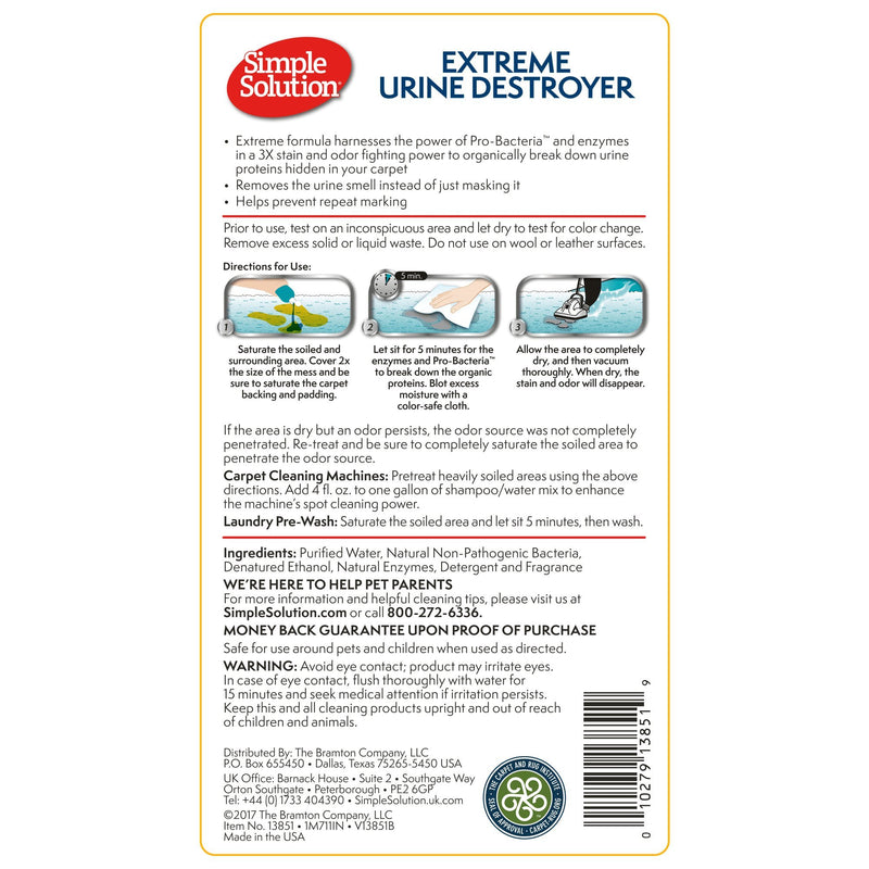 [Australia] - Simple Solution Urine Destroyer Enzymatic Cleaner | Pet Stain and Odor Remover with 2X Pro-Bacteria Cleaning Power 32 oz Easy Pour - Extreme 