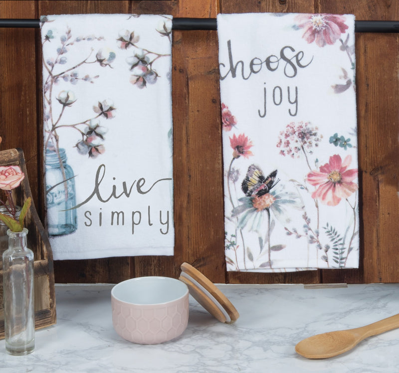 Kay Dee Designs Kitchen Towel Set (2 pc) - Choose Joy and Live Simply - Terry Hand Towels,White - PawsPlanet Australia