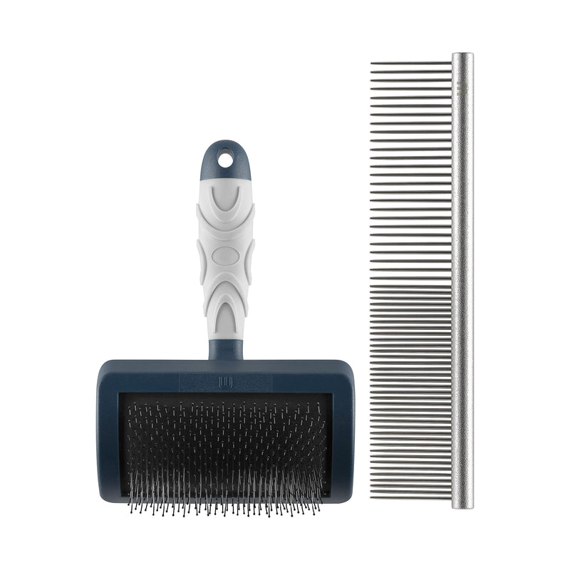 Mikki Dog and Puppy Grooming Starter Kit Stainless Steel Comb and Hard Bristle Slicker Brush for Poodle Crossbreeds such as Cockapoos, Labradoodles, Cavapoos, Maltipoos and Golden Doodles, Blue Stainless Steel Comb & Slicker Brush - PawsPlanet Australia