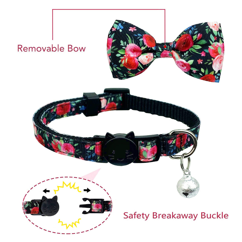 Pohshido 2 Pack Cat Collar with Bow Tie and Bell, Kitty Kitten Floral Rose Breakaway Collar for Males Females Boys and Girls Cats Rose Garden Black / Blush Pink - PawsPlanet Australia