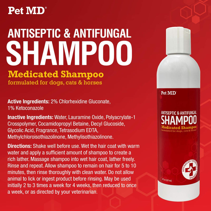 Pet MD Medicated Shampoo for Dogs, Cats, & Horses - Medicated Dog Shampoo with Ketoconazole & Chlorhexidine - Skin Infections, Anti Itch, Allergies, Abrasions, & Acne - 8 oz - PawsPlanet Australia