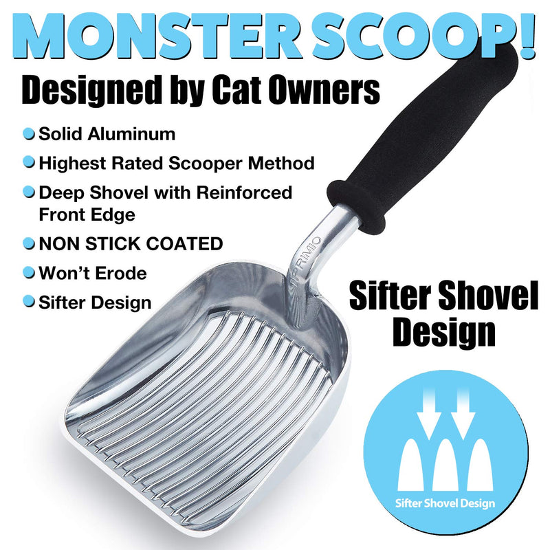 [Australia] - iPrimio Scooper Monster Cat Litter Scoop with Easy Grip Soft Foam Handle for Sore Hands - Fast Sifter/Deep Shovel. Patented. Large Silver 