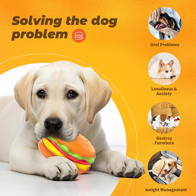 RUXAN Indestructible Dog Toy for Aggressive Chewers, Durable Teeth Cleaning Toy with Squeaky, Toughest Natural Rubber Dog Toy for Medium/Large Dogs Orange - Burger - PawsPlanet Australia