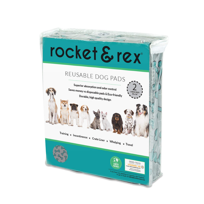 [Australia] - rocket & rex Washable Dog Pee Pads. Dog Training Pads, Waterproof, Reusable Dog Pee Pads. Leak-Proof, Absorbent Puppy Pee Pads. Whelping, Travel Pads, Dog Bowl Mat Bone Print (2-pack) 30 x 36" 