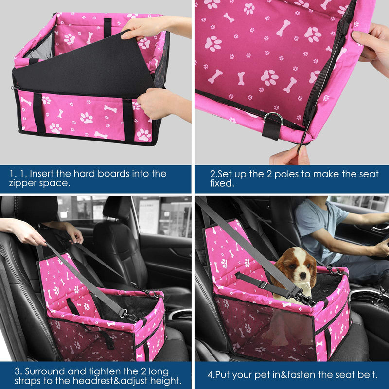 GeeRic Pet Car Booster Seat for Small Dogs Cats, Breathable Waterproof Dog Cat Booster Seat Cover Protector Pet Travel Carrier Bag with Safety Leash for Small Dogs Cats Pink Bones - PawsPlanet Australia
