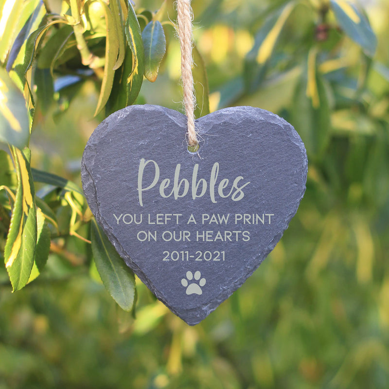 eBuyGB Personalised Slate Hanging Heart Decoration, Pet Memorial Plaque, You Left A Pawprint On Our Hearts Keepsake, Sympathy Gift, Cat/ Dog Loss Bereavement - PawsPlanet Australia