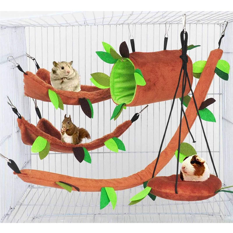 Petmolico 5 Set Hamster Hammock, Small Animal Hanging Warm Bed Tunnel and Swing Jungle Set Cage Accessories for Sugar Glider Squirrel Hamster, Pack of 5, Brown - PawsPlanet Australia