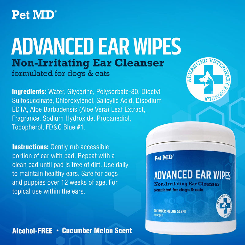 Pet MD Cat and Dog Ear Cleaner Wipes - Advanced Otic Veterinary Ear Cleaner Formula - Dog Ear Infection Treatment Helps Alleviate Ear Infections - 100 Alcohol Free Ear Wipes with Soothing Aloe Vera - PawsPlanet Australia