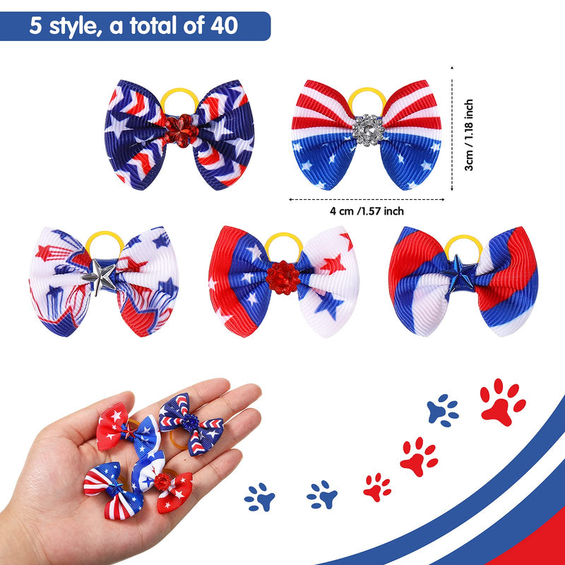 Waydress Patriotic Dog Hair Bows for 4th of July 40 Pieces/ 20 Piars Pet Dog Rhinestone Hair Bows with Rubber Bands White Blue Red Pet Hair Accessories Independence Day Pet Supplies - PawsPlanet Australia