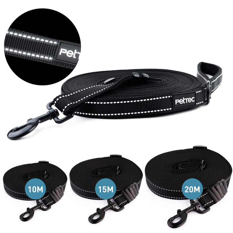 PetTec towing line 10m/15m/20m training leash for dogs made of extra-strong D860 nylon, dirt and water-repellent, robust long cross-country skiing leash/dog leash, adjustable towing leash, long puppy leash black - PawsPlanet Australia