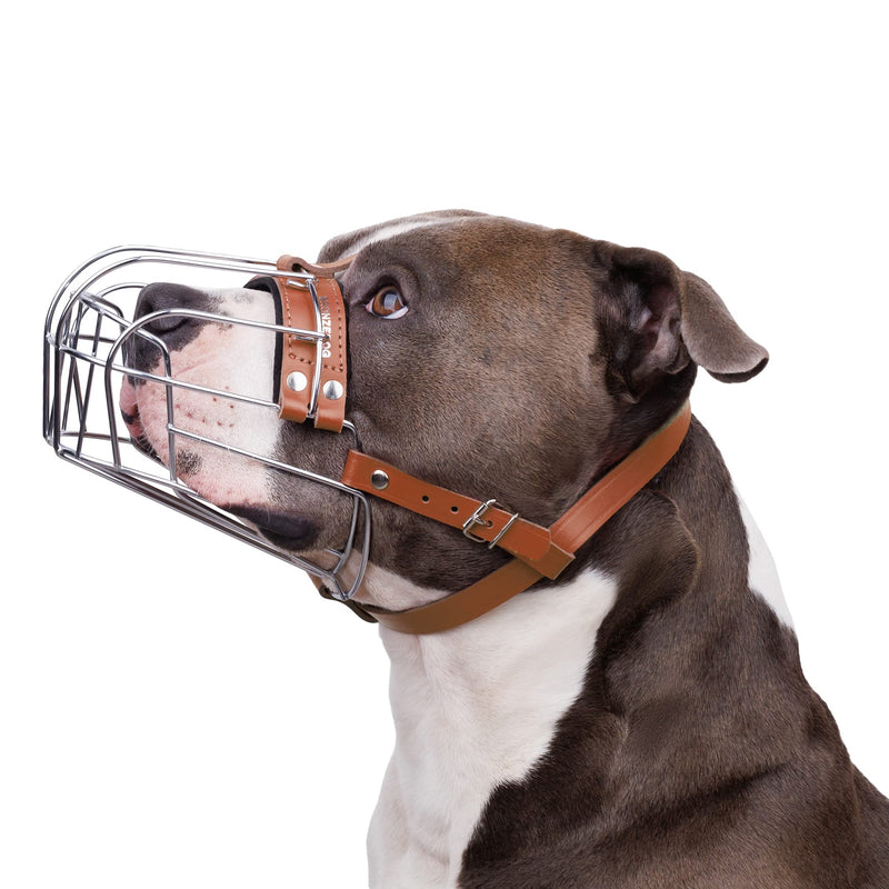 BRONZEDOG Pitbull Dog Muzzle Breathable Metal Basket for Large Dogs Amstaff Staffordshire Terrier Biting Chewing Barking (Brown) Brown - PawsPlanet Australia