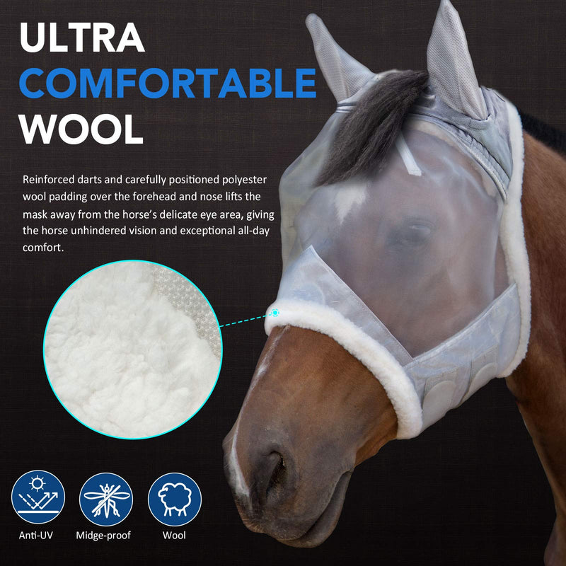 Harrison Howard CareMaster Fly mask Half face Extra Wool Protection Moonlight Silver Full (L) - PawsPlanet Australia