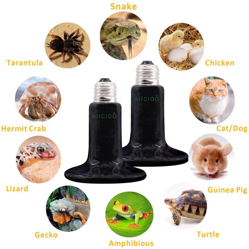 [Australia] - Ceramic Heat Emitter - Reptile Heat Lamp 100 Watt Lizard Heat Lamp Bulb No Light Emitting Snake Lizard Gecko Turtle Snake Lizard Gecko Turtle Brooder Chick Coop Heater 2 Pack,Black 