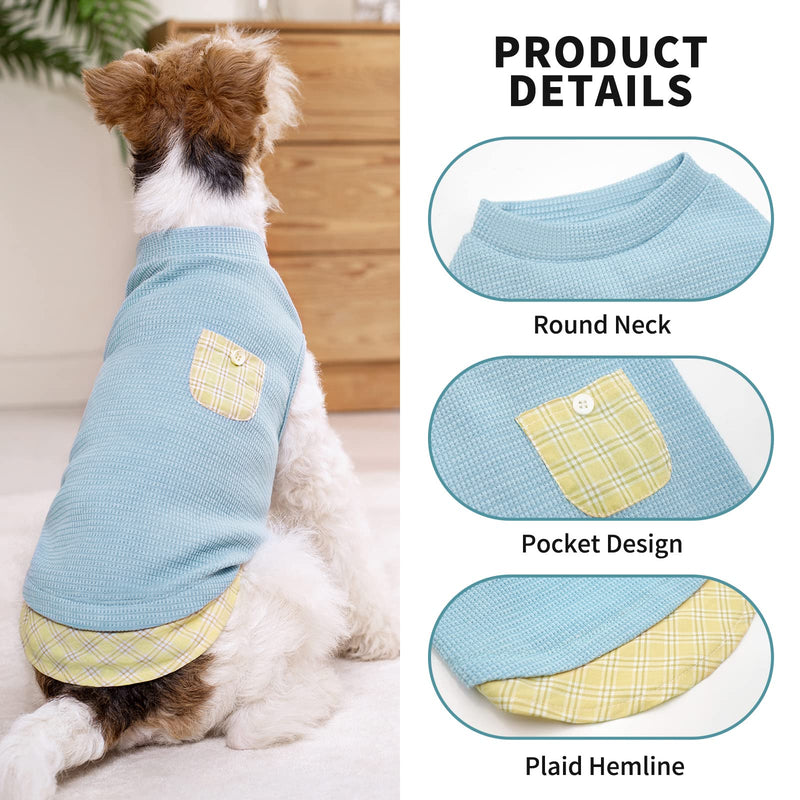 KYEESE Waffle Dog Shirts for Small Dogs Soft Stretchy Dog T-Shirts Lightweight Dog Tank Top Sleeveless Dog Vest Breathable Cat Shirt Puppy Clothes with Small Pocket Decorations and Plaid Patchwork M-Chest(16") Grey - PawsPlanet Australia