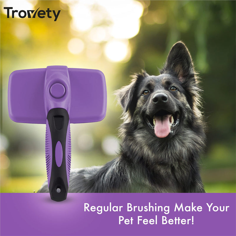 Trovety Self Cleaning Pet Slicker Brush - Purple Grooming Tool for Tangled, Matted Dog & Cat Fur - Promotes Coat Health, Blood Circulation - One Button Hair Removal - For Long or Short Haired Animals - PawsPlanet Australia