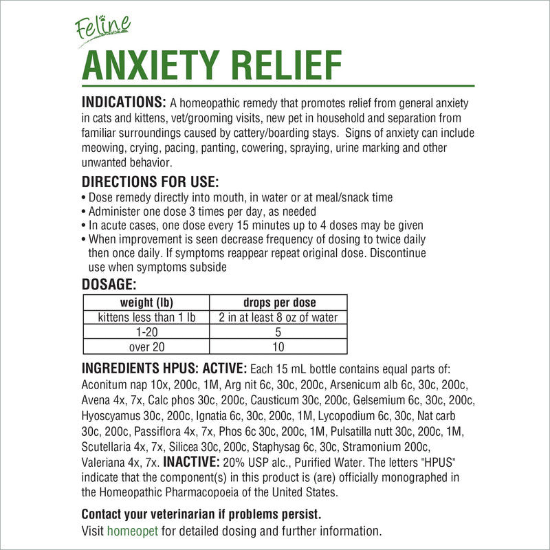 HomeoPet FELINE ANXIETY RELIEF - 100% Natural Pet Medicine. General anxiety as a result of vet/grooming visits, new pets, cattery/boarding stays. For cats of all ages. 15ml/up to 90 doses per bottle - PawsPlanet Australia