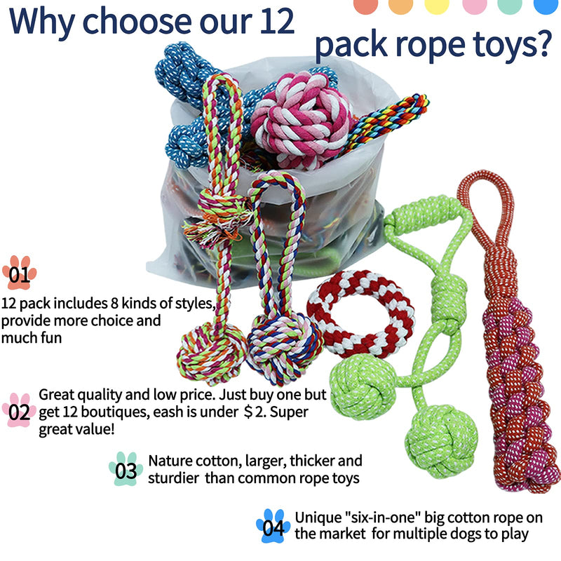 12 Pack Large Tough Dog Chew Toys for Aggressive Chewers Large Breed, Big Durable Dog Toys for Small Medium Large Dogs, Variety Dog Toy Pack of Sturdy Dog Ropes Pet Toys -Dog Teething Toys for Puppies - PawsPlanet Australia