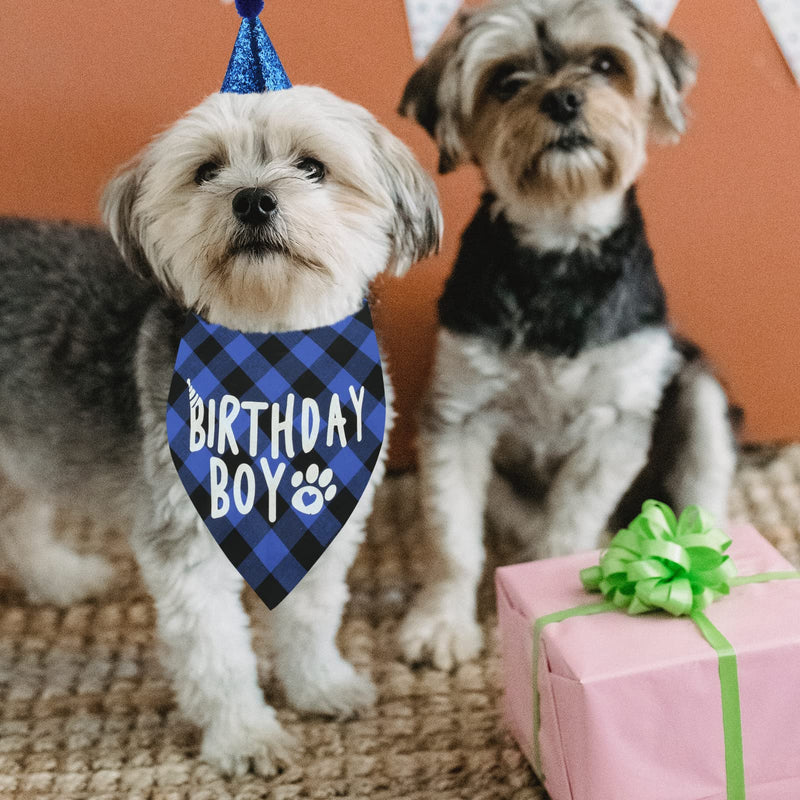 Pets Birthday Party Supplies,Dog Birthday Bandana, Cute Triangle Cotton Dog Scarf with Dog Birthday Party Hat Boy Happy Birthday Banner Set Gift and Party Puppy Doggie Decoration (Blue) Blue - PawsPlanet Australia