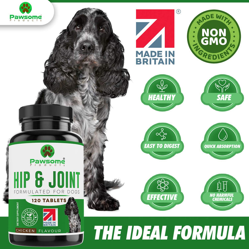 Pawsome Products Hip and Joint Supplement for Dogs with Glucosamine, Chondroitin, Green Lipped Mussel, MSM, Curcumin, Hyaluronic Acid, Manganese & Vitamin C - 120 Chicken Flavoured Chewable Tablets - PawsPlanet Australia