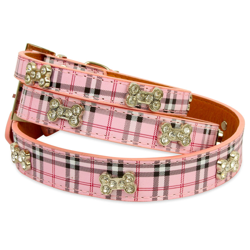 [Australia] - Lushpetz Tartan Plaid Dog Collar with Rhinestone Bones Available in Small, Medium & Large Sizes Pink Blue and Beige 