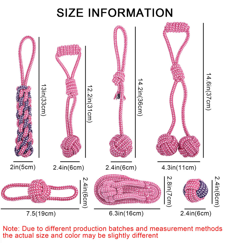 Dog Rope Toy,Interactive Pet Chew Toys Set,Washable Braided Cotton Teeth Cleaning Chewers for Puppies,Small,Medium and Large Dogs Durable Teething Ropes,Tug of War Ball Training Playing,Rosy 7 Packs set of 7 pcs rosy - PawsPlanet Australia