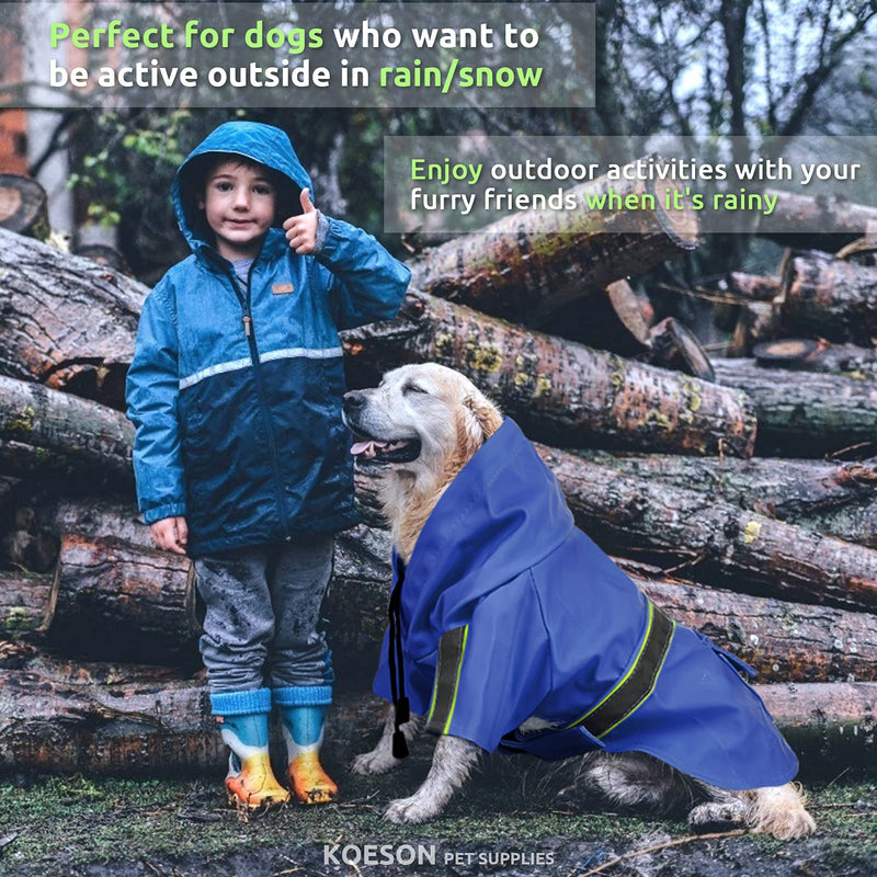 KOESON Dog Raincoat Pet Waterproof Jacket with Hood, Reflective & Adjustable Rainwear Lightweight Poncho Coat with Harness Hole, Breathable Rainproof Slicker Clothes for Medium Large Dogs Blue XL X-Large - PawsPlanet Australia