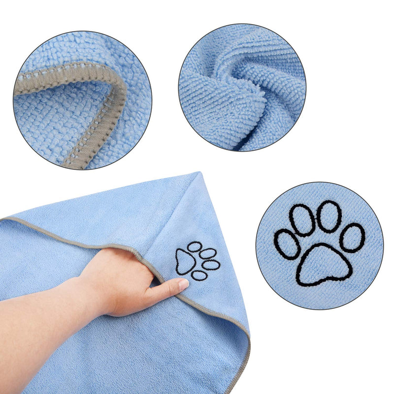 [Australia] - SINLAND Microfiber Pets Bath Towels Fast Drying Absorbent Towelettes for Dogs Cats Large Shower Embroidered Grooming Cleaning Blanket Cloths Paw Print 16 Inch X 40 Inch Light Blue 