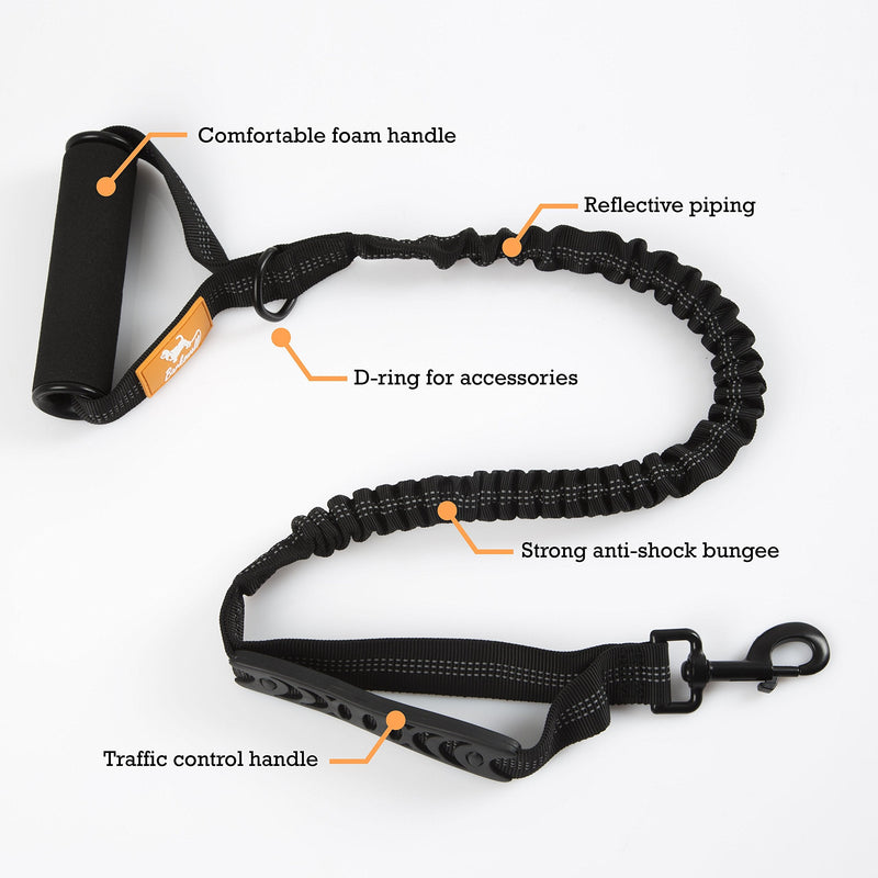 Premium Strong Dog Lead - Anti Pull Shock Absorbing Bungee Leash with Traffic Control Handle - Foam Barrel Handle - Reflective for Night Time Walking Black - PawsPlanet Australia