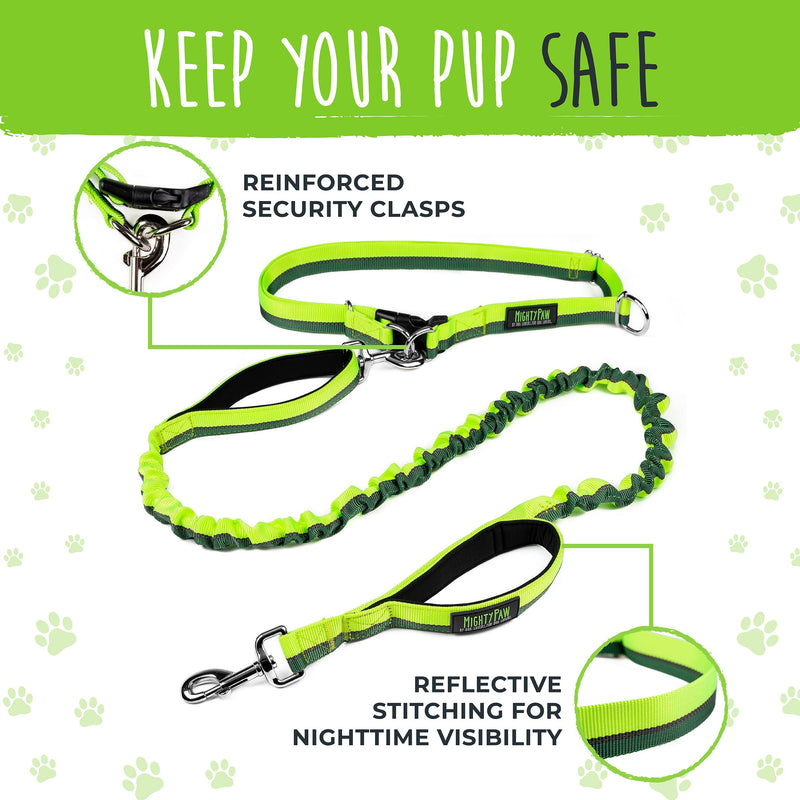 Mighty Paw Hands Free Bungee Leash 2.0 | 4’ Dog Lead W/ Dual Padded Traffic Handles for Running, Hiking & Jogging. Wearable Belt (27-48” Waistband) W/ 2 Attachment Loops. Pets Up to 150lb Green - PawsPlanet Australia