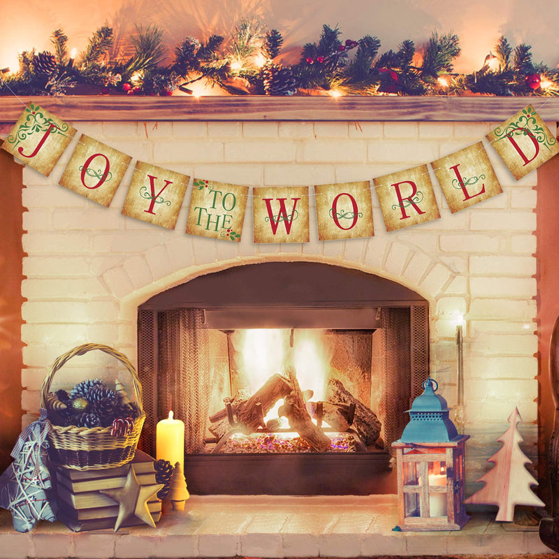 Christmas Decorations Indoor - JOY TO THE WORLD Banner - Vintage Xmas Decorations for Home Office Party Fireplace Mantle - PawsPlanet Australia