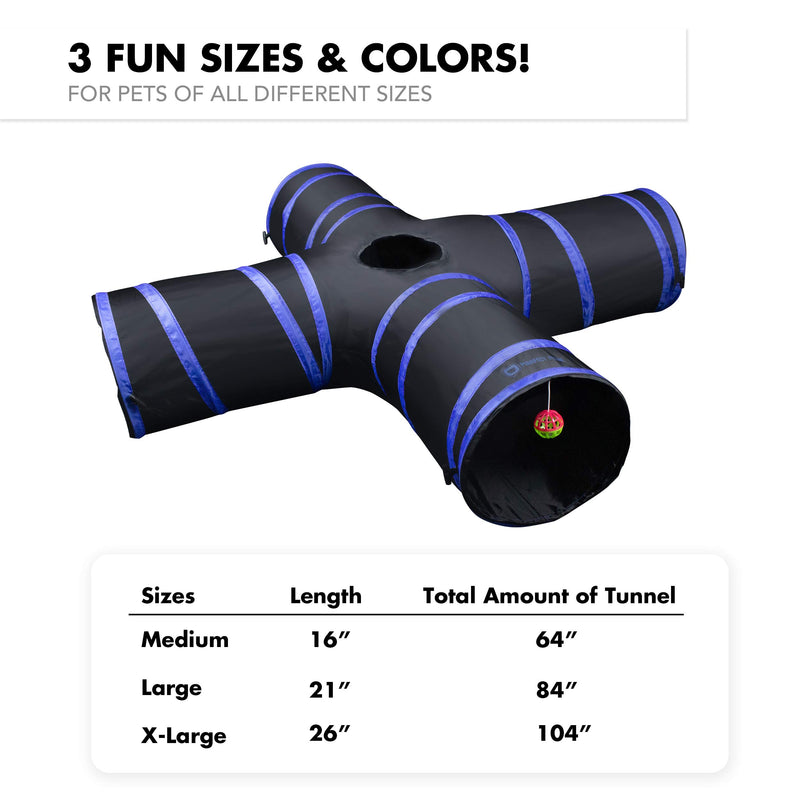 [Australia] - Purrfect Feline Cat Tunnel Design, Collapsible 4-Way Cat Tunnel Toy Crinkle (Medium Large Sizes) Dark Blue 