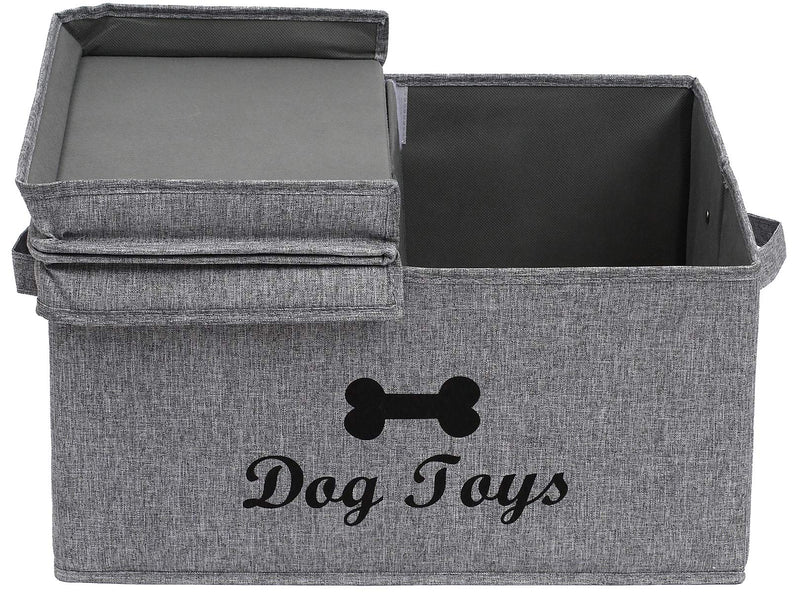 Large canvas dog basket with lid 16.5"x12" inch storage for dog supplies - Perfect puppy storage bin for organizing dog doggie toys and accessories - Gray Grey - PawsPlanet Australia