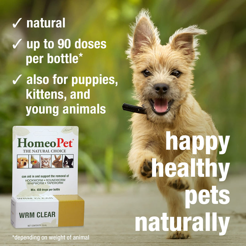 HomeoPet WRM CLEAR - 100% Natural Pet Medicine. For tapeworm, whipworm, roundworm, and hookworm. Non-chemical wormer. For pets of all ages. 15ml/up to 90 doses per bottle - PawsPlanet Australia