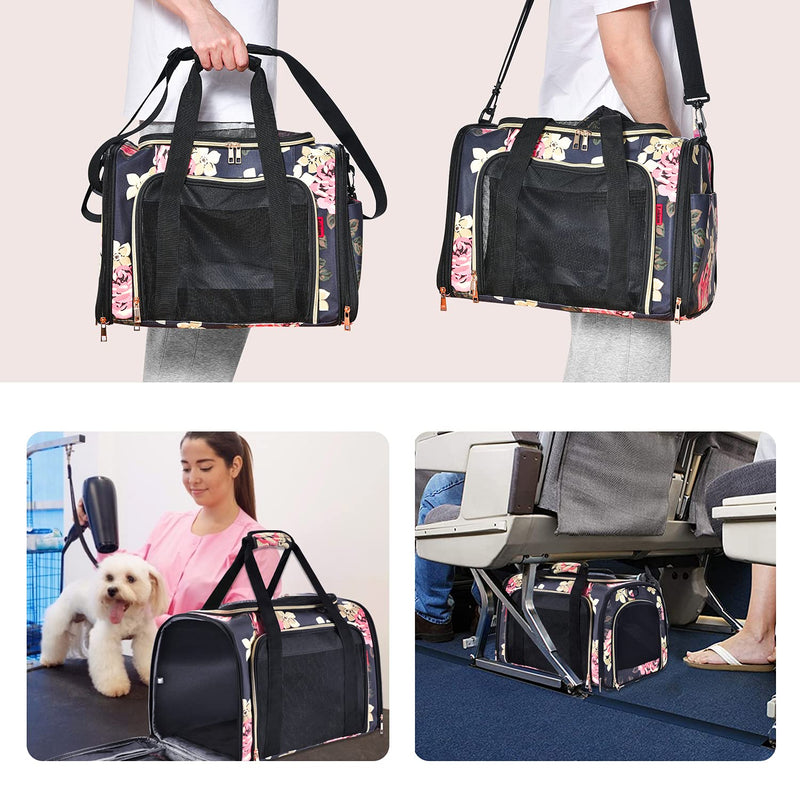 SUPPETS Dog Carrier Airline Approved Cat Carrier Pet Carrier Breathable Mesh Pet Travel Carrier for Dogs Cats with Washable Portable Mat,Detachable Shoulder Strap,Blue Peony - PawsPlanet Australia