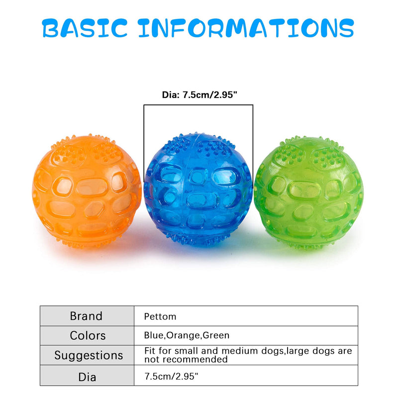 PETTOM Dog Ball Squeaky Toy Durable Small Dog Chew Toys Balls Waterproof Floating Bouncy Rubber Ball with Squeaky Sound for Training Swimming, 3 Packs (Orange,Blue,Green) - PawsPlanet Australia