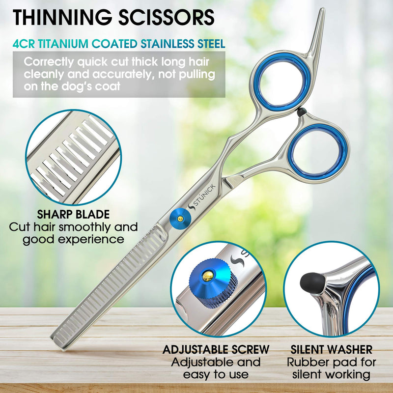 [Australia] - STÙNICK Professional Cat & Dog Grooming Scissor Set - Stainless Steel Straight and Curved Pet Scissors with Safety Round Tip - Heavy Duty Titanium Coated Thinning Shear and Pet Comb for Dogs and Cats 